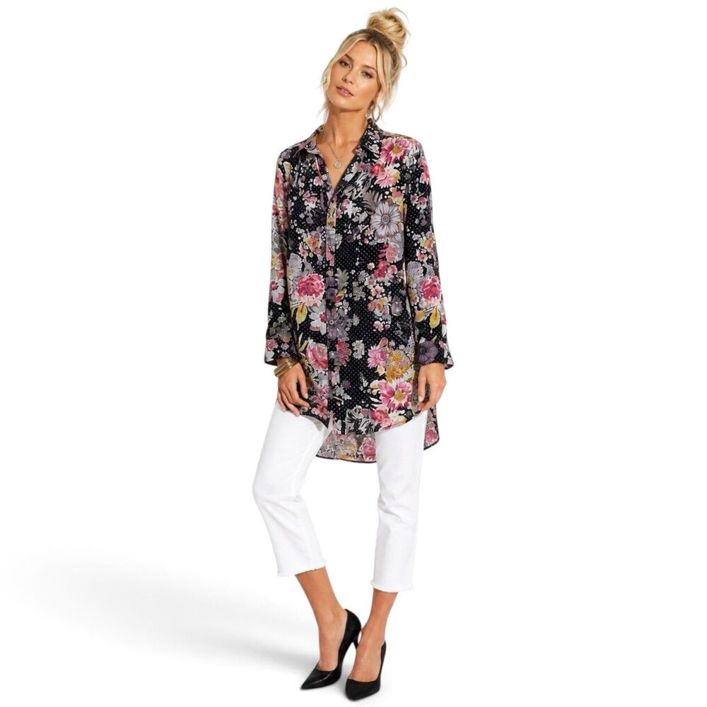 Anthropologie Maeve Autumnal Tunic XS Black Floral Metallic Silver Dot Blouse